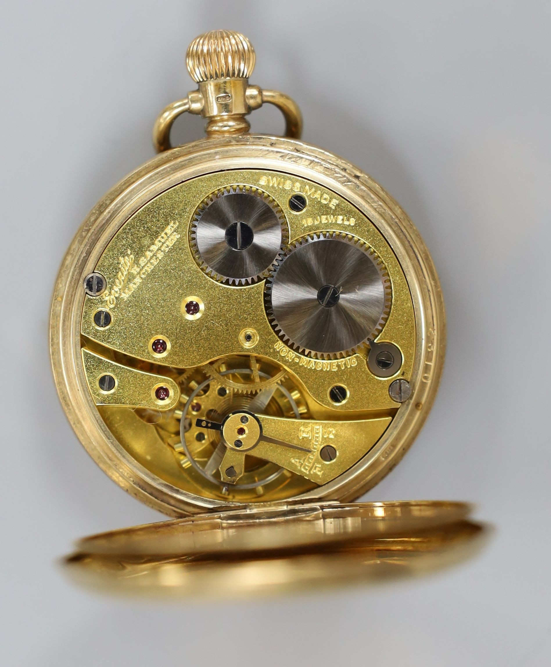 A George V 9ct gold half hunter keyless pocket watch by Samuel of Manchester, case diameter 49mm, gross weight 91.8 grams.